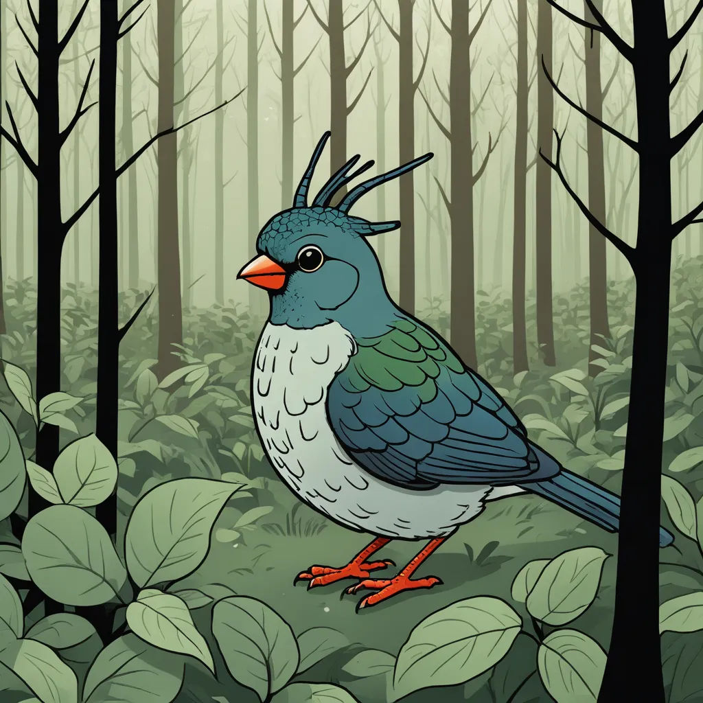 a bird with a mohawk standing in a forest of leaves and trees with a green background and a blue bird with a red beak, new objectivity, a character portrait, Charles Bird King, storybook illustration