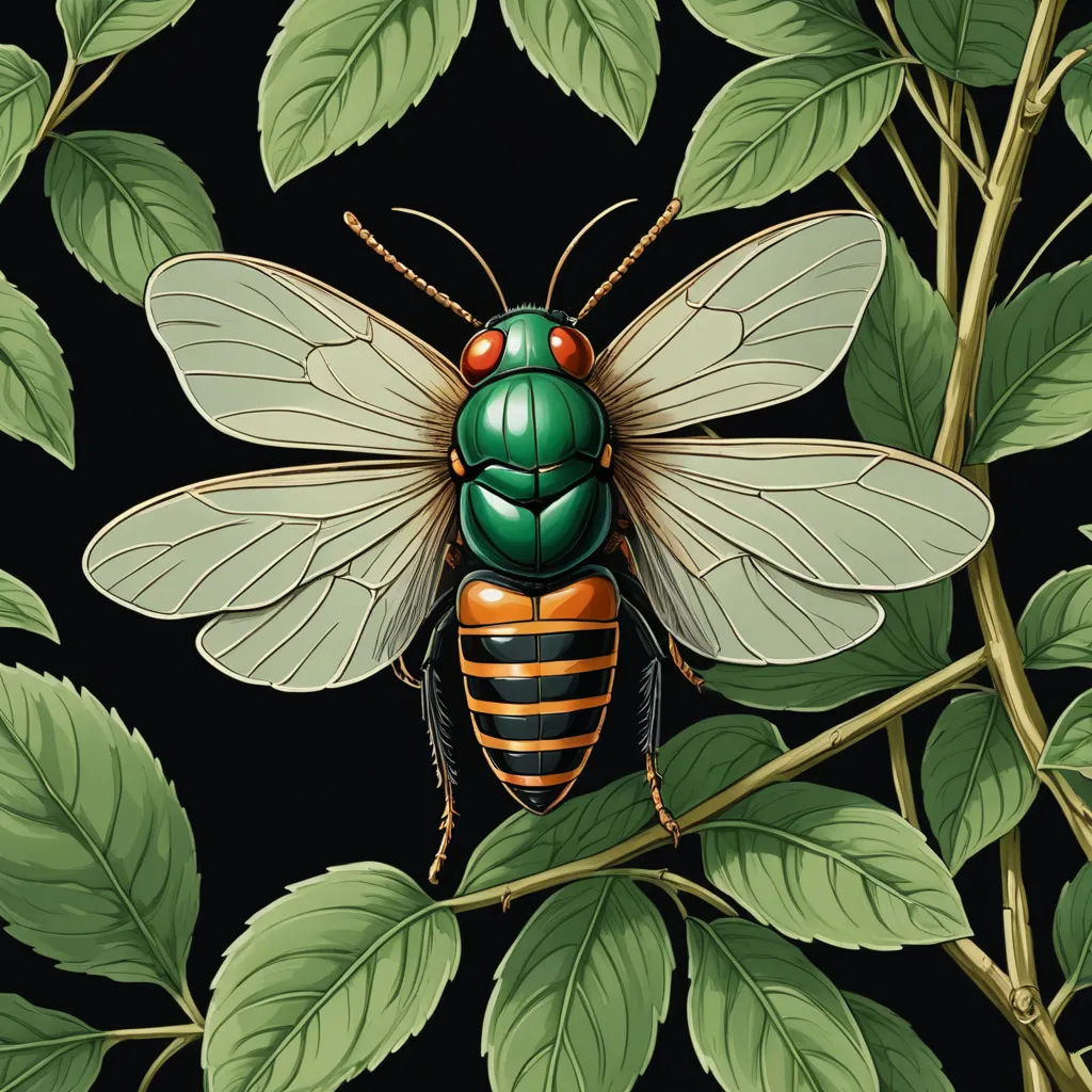 a green and orange insect sitting on top of a leafy branch with leaves around it on a black background, generative art, an illustration of, Dan Mumford, high detail illustration