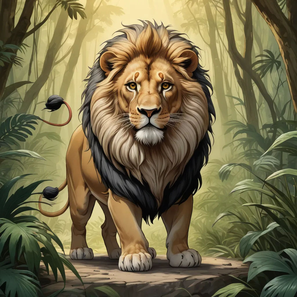 a lion standing in the middle of a jungle with a snake in its mouth and a snake in its mouth, fantasy art, a digital painting, Chris LaBrooy, official art