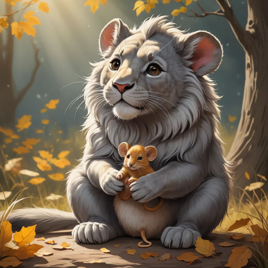 a painting of a lion holding a mouse in its paws in a forest with leaves on the ground and a tree with yellow leaves, furry art, a storybook illustration, Aaron Jasinski, trending on art station