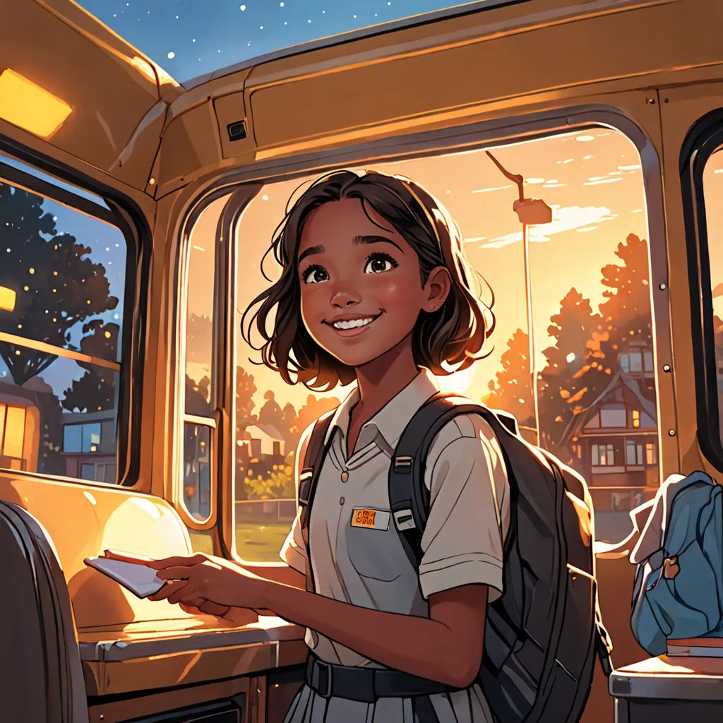 a girl is standing in front of a bus and smiling at the camera, with a backpack on her shoulder, vancouver school, a comic book panel, Atey Ghailan, comic cover art