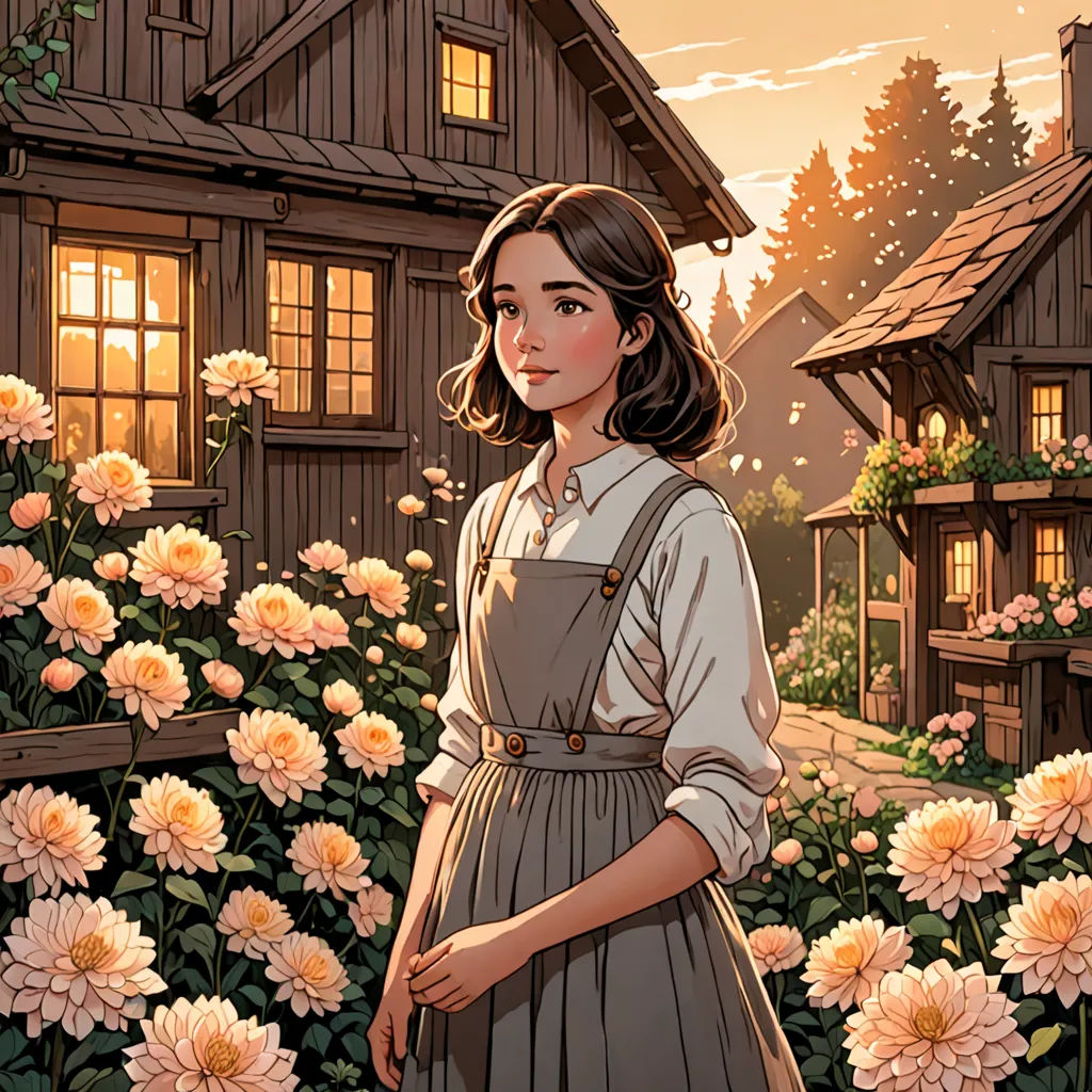a woman standing in front of a house with flowers in front of her and a sunset behind her and a house with flowers in front of her, fantasy art, a storybook illustration, Colin Middleton, rossdraws global illumination