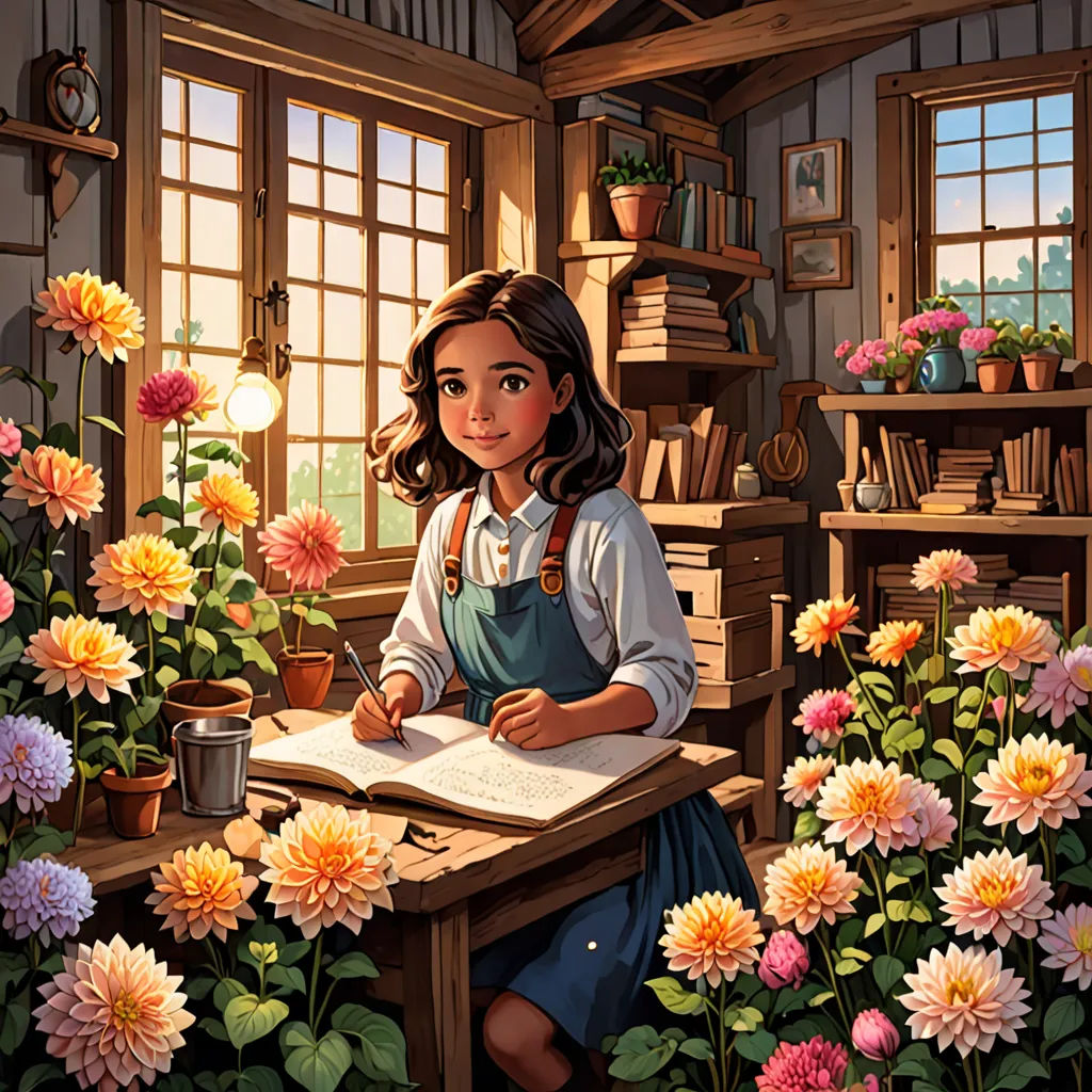 a girl is sitting at a desk in a flower shop with a book and potted plants in front of her, fantasy art, a storybook illustration, Chris LaBrooy, storybook illustration