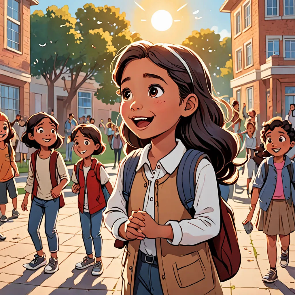 a cartoon of a girl standing in front of a group of children on a sidewalk with a sun in the background, paris school, a storybook illustration, Asaf Hanuka, comic cover art