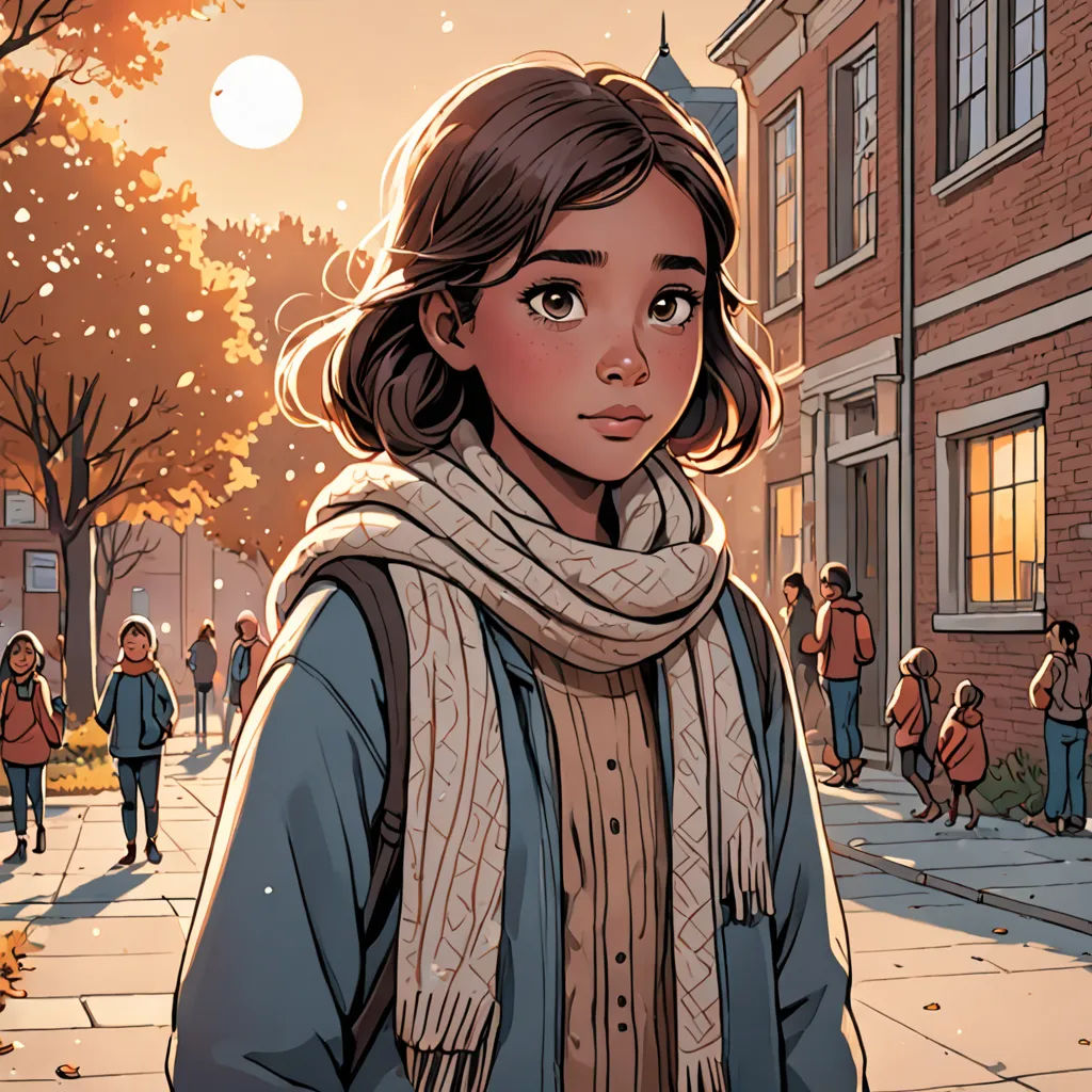 a girl in a scarf is standing on a sidewalk in front of a building and people are walking around, paris school, a comic book panel, Cliff Childs, comic cover art