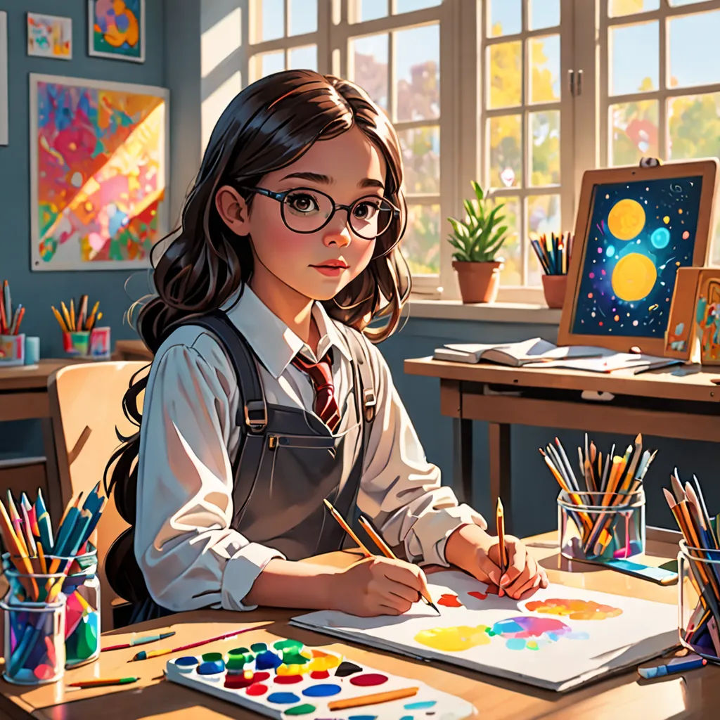 a girl is sitting at a desk with a painting and a laptop computer in front of her and a window, american scene painting, a detailed painting, Artgerm, affinity photo