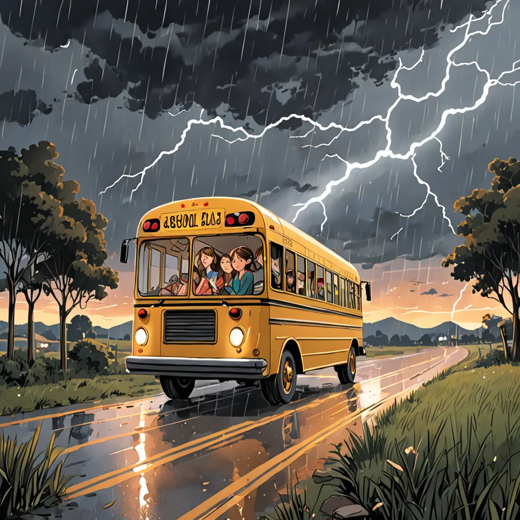 a school bus driving down a rain soaked road under a cloudy sky with lightning behind it and people on the bus, serial art, a storybook illustration, F Scott Hess, stormy weather