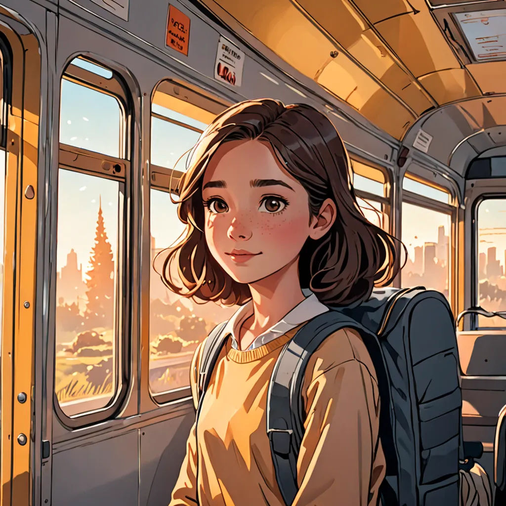 a girl is standing on a train looking out the window at the city and trees in the distance, with a backpack on her shoulder, retrofuturism, a comic book panel, Atey Ghailan, anime art style