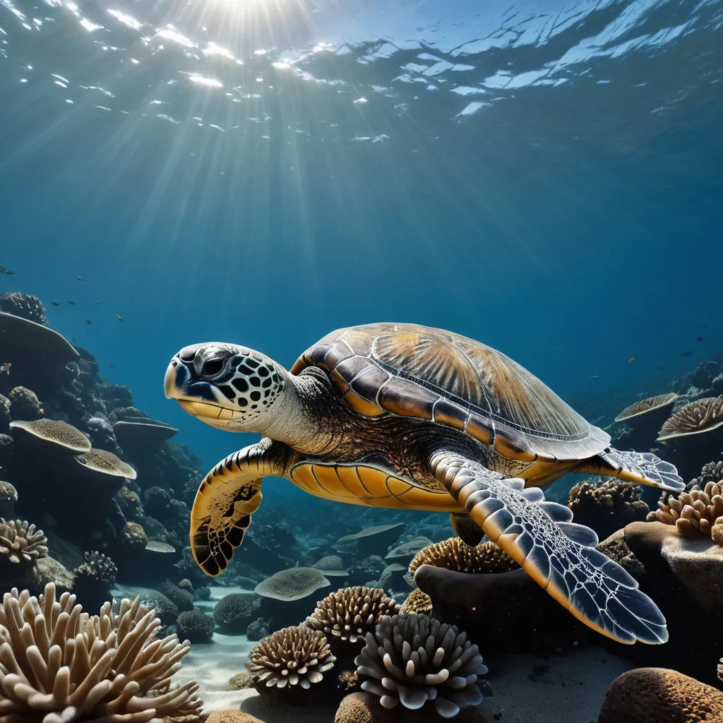 a turtle swimming over a coral reef in the ocean with sun shining down on it's head and back, environmental art, a photorealistic painting, David Martin, underwater