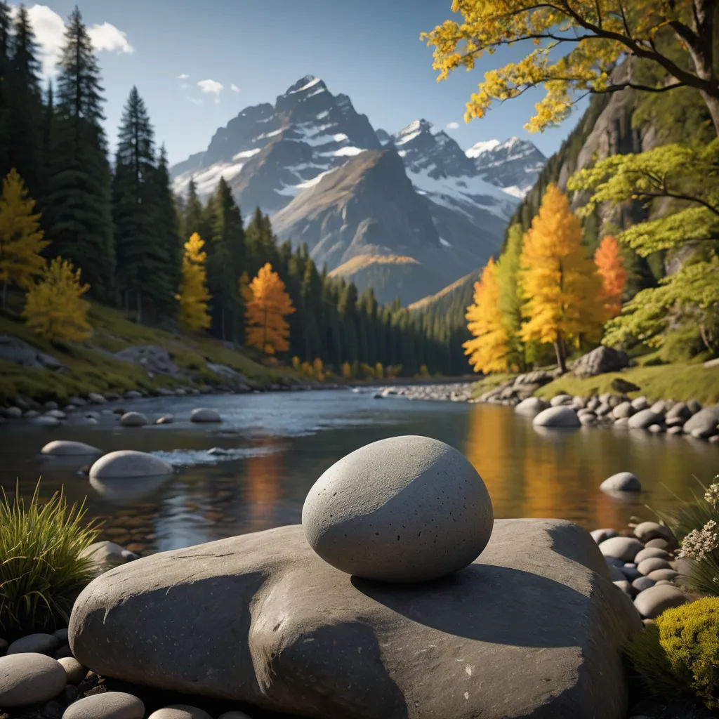 a rock stack sitting on top of a river next to a forest filled with trees and rocks with a mountain in the background, naturalism, a detailed matte painting, Bob Ross, unreal 5