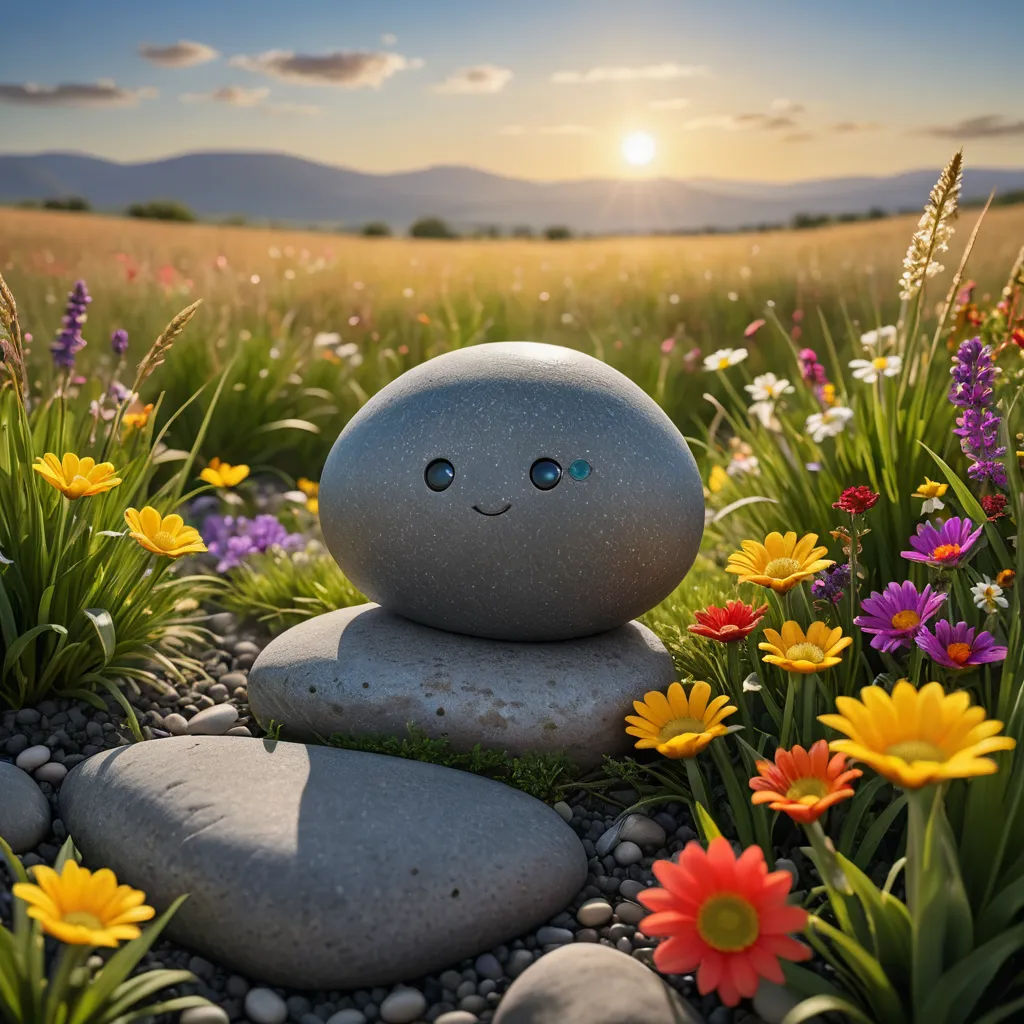 a rock with a smiley face sitting on a field of flowers and grass with the sun in the background, environmental art, a 3D render, Chris LaBrooy, ultra realistic digital art