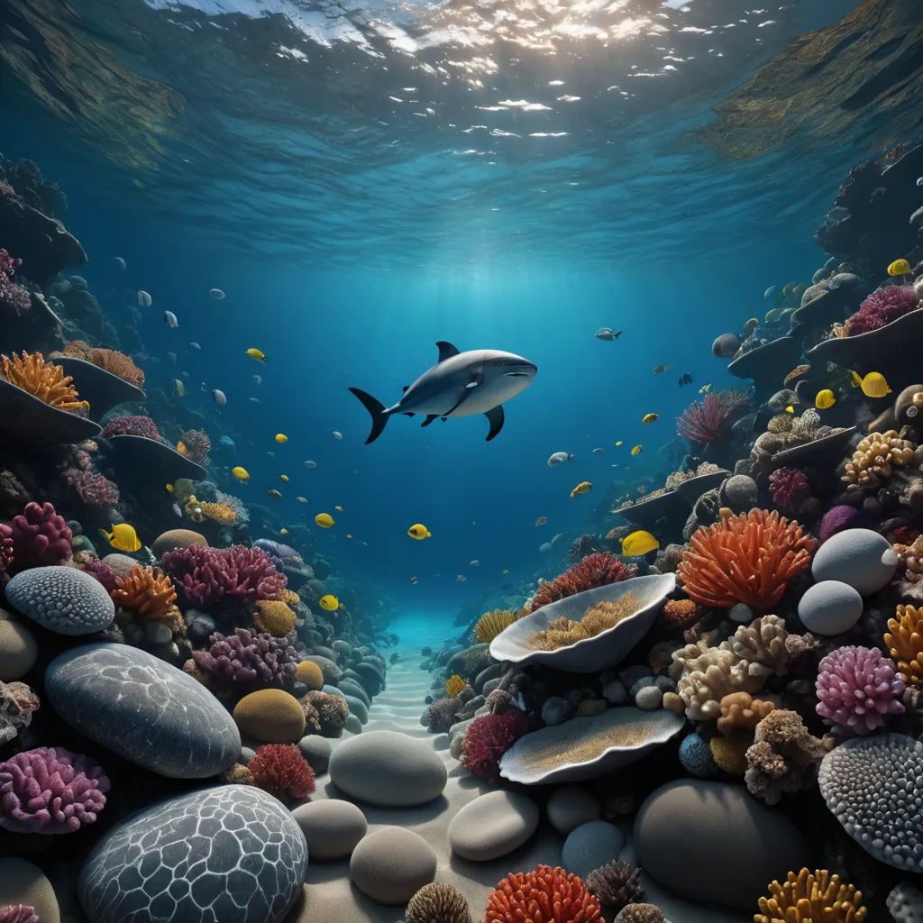 a painting of a shark swimming over a coral reef with other fish and corals under water with sunlight coming through the water, environmental art, computer graphics, David Martin, underwater