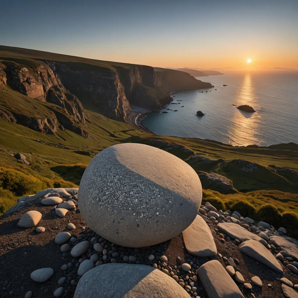 a rock formation on a rocky hillside with a sunset in the background and a body of water in the distance, land art, a marble sculpture, David Martin, award - winning photo