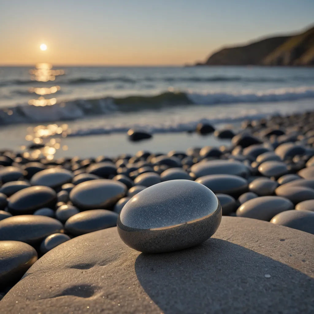 a rock with a small round object on top of it near the ocean and a beach with waves coming in, land art, a stock photo, Colin Gill, award-winning photograph