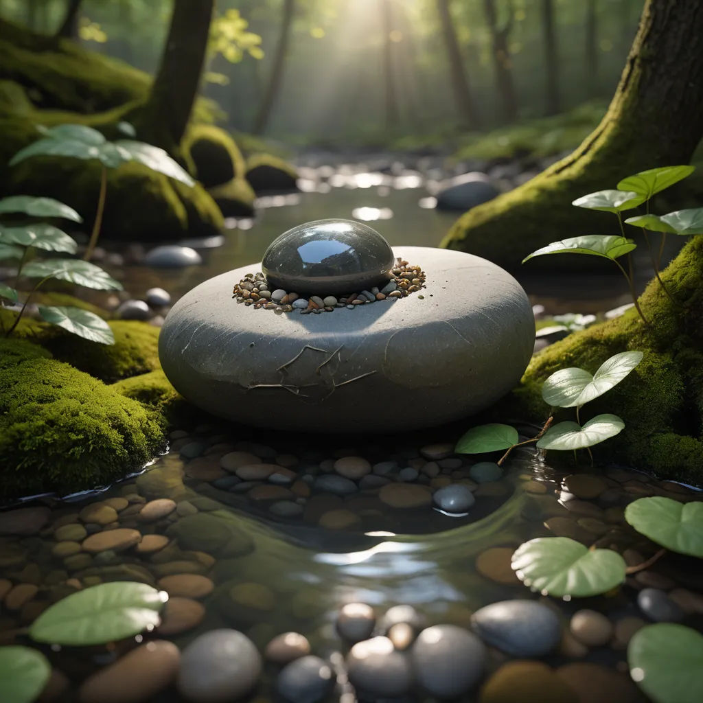 a rock in a stream surrounded by green plants and rocks and water with a sunbeam in the background, photorealism, a 3D render, Dave Melvin, vray render