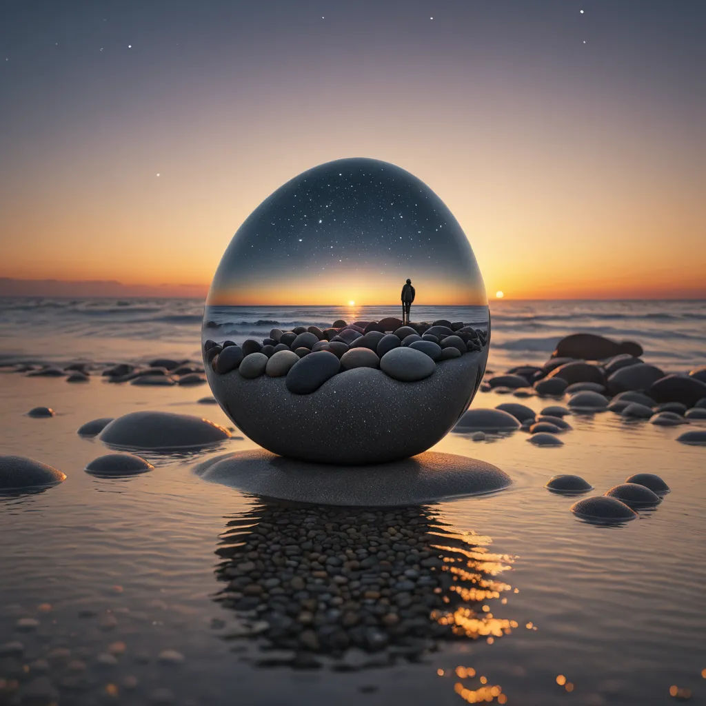 a person standing on a rock covered beach next to a large ball with rocks in it and a sunset in the background, computer art, a 3D render, Chris LaBrooy, surreal photography