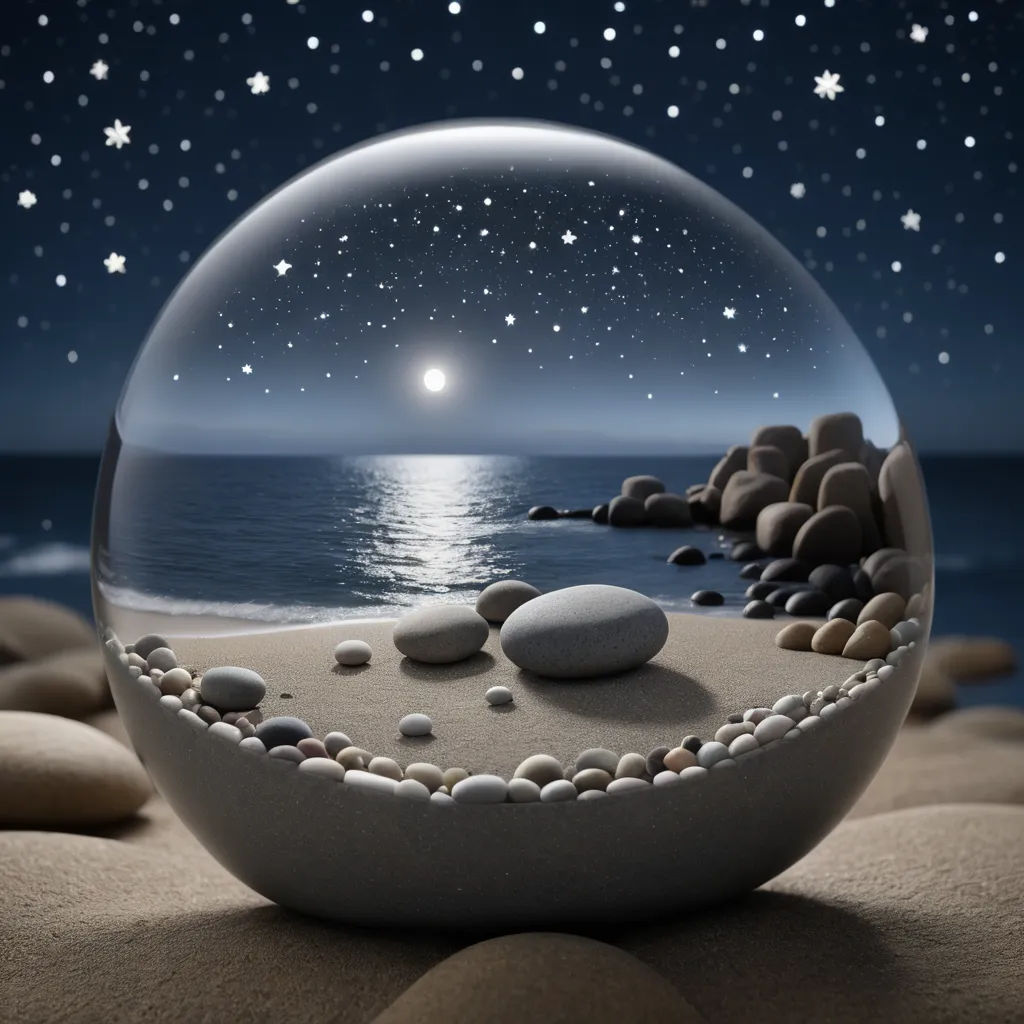 a snow globe with rocks and a moon in the sky and water in the background, with a beach and ocean in the foreground, magical realism, a detailed matte painting, Dirk Crabeth, dreamlike