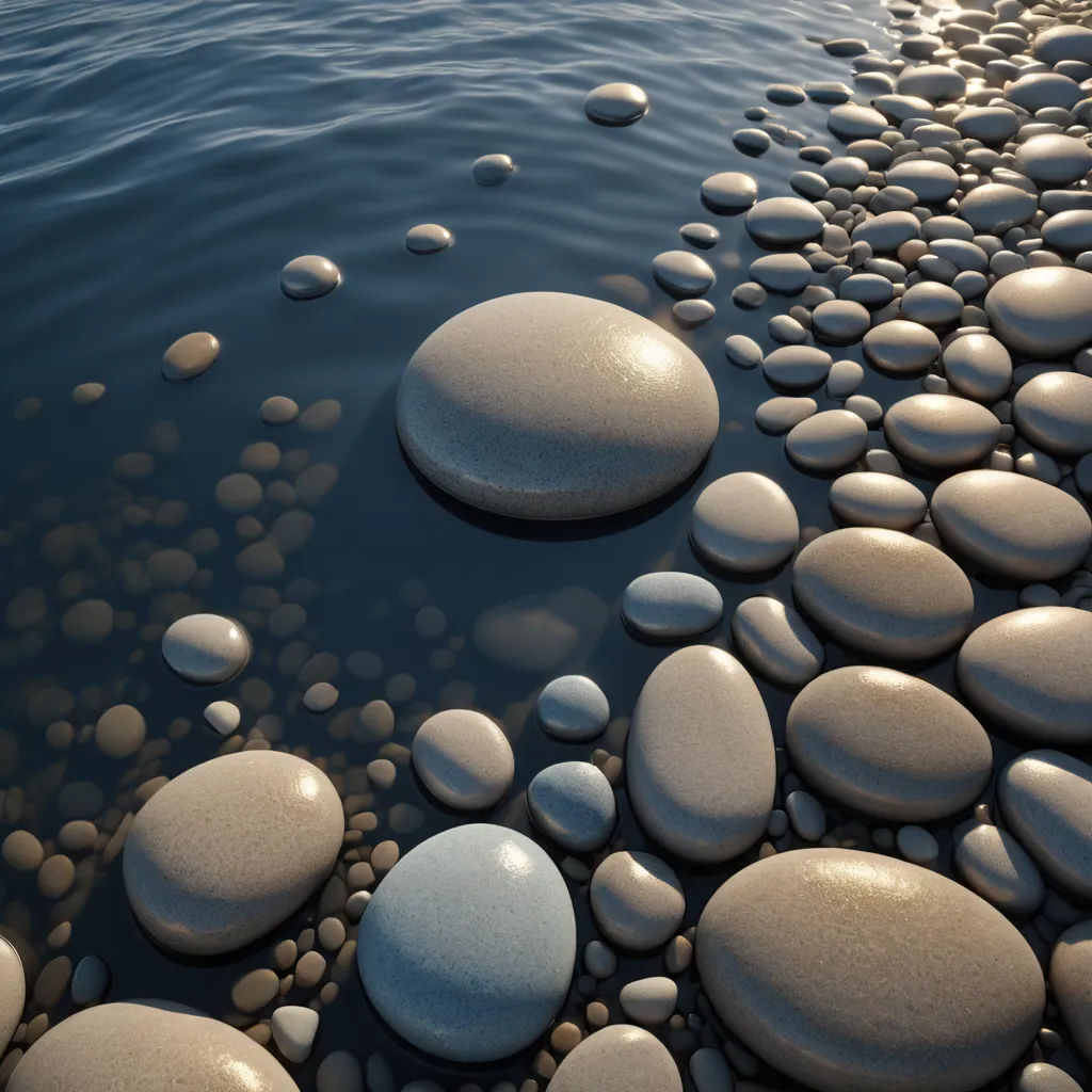 a bunch of rocks that are in the water near the shore of a lake or lake with water and rocks, photorealism, a raytraced image, Chris LaBrooy, octane renderer