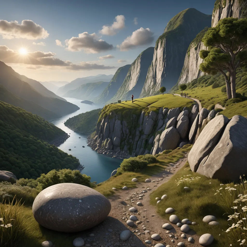 a painting of a mountain landscape with a river and a person on a path between two large rocks and a grassy area with white flowers, naturalism, a detailed matte painting, Chris LaBrooy, beautiful landscape