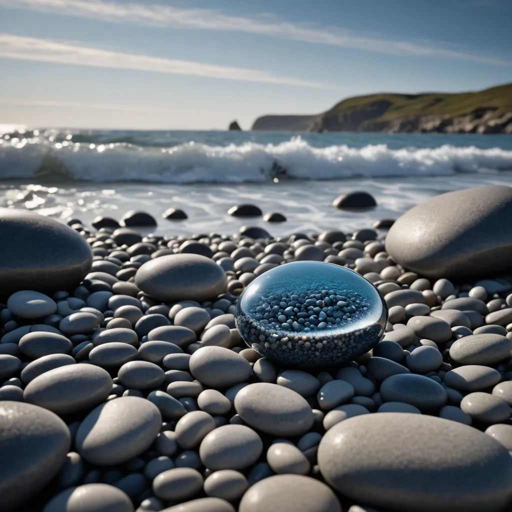 a rock beach with a blue glass ball on it and a wave crashing in the background with a person in the water, land art, a 3D render, Alison Kinnaird, octane renderer