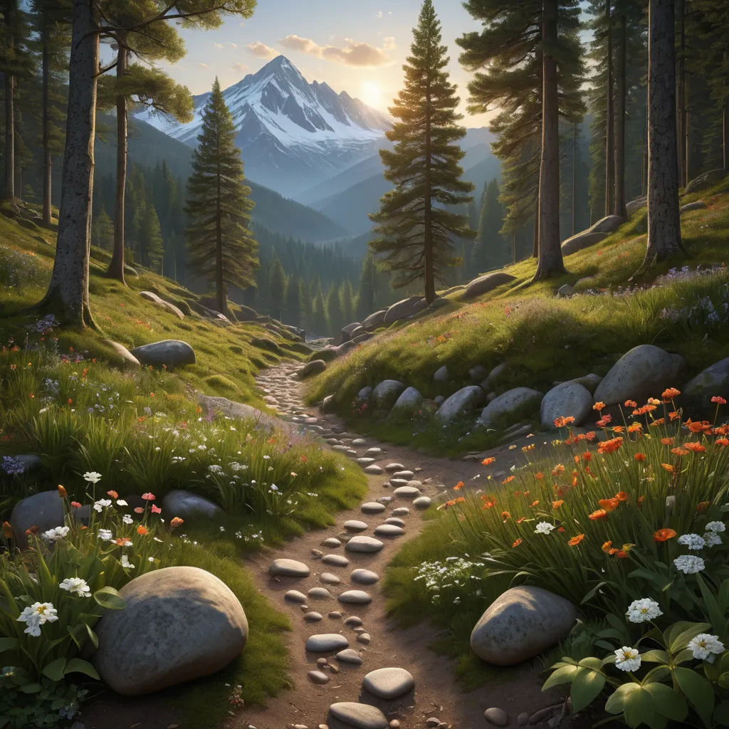 a painting of a path leading to a mountain with flowers and trees on both sides of it and a mountain in the distance, fantasy art, a detailed matte painting, Chris LaBrooy, professional digital painting