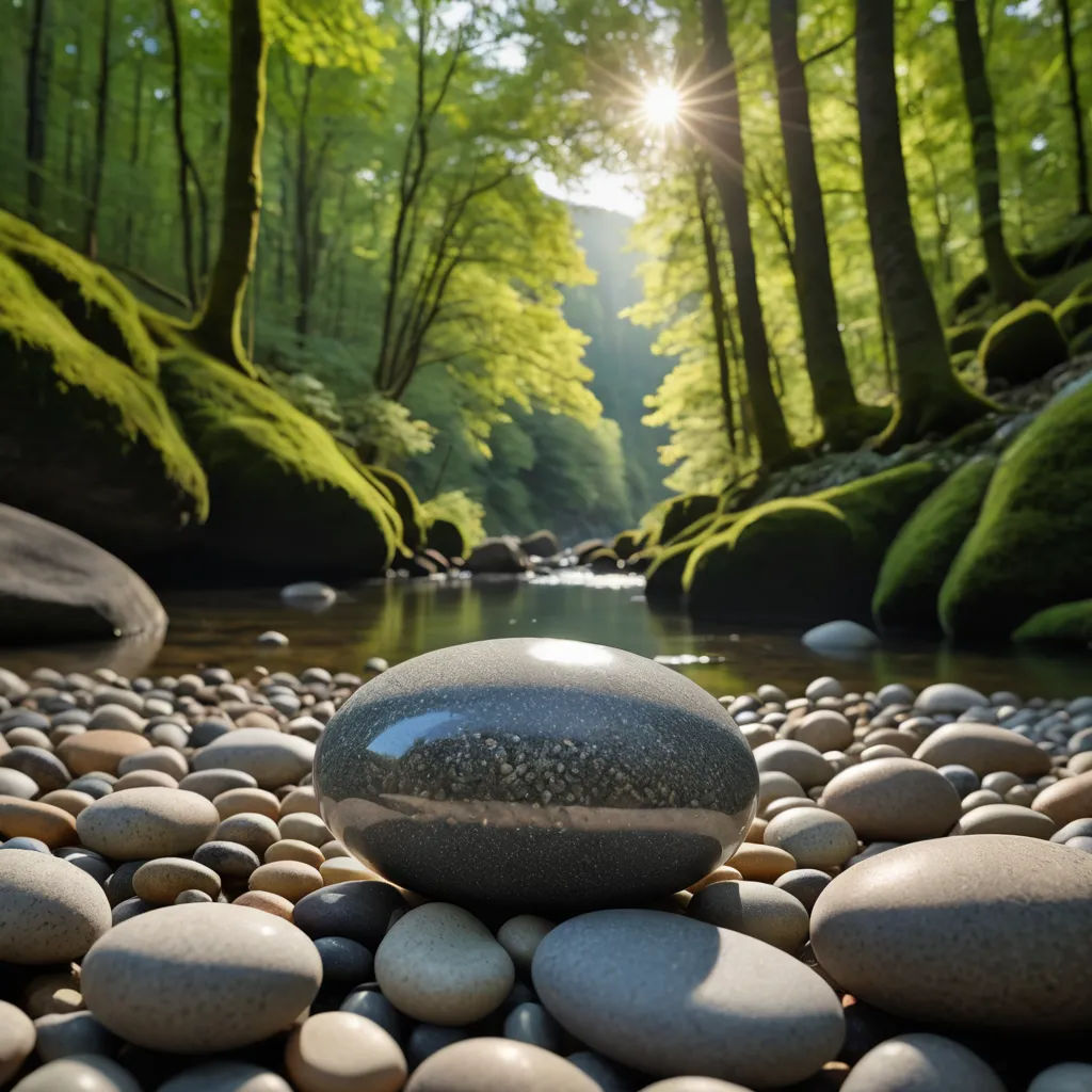 a rock sitting on top of a river surrounded by rocks and trees in the background with a sun shining through the trees, naturalism, a 3D render, David Martin, nature