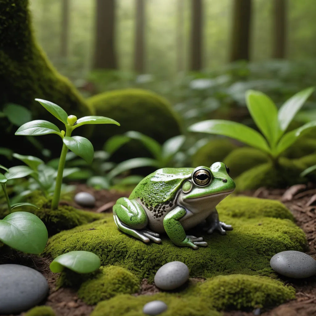 a frog sitting on a mossy rock in a forest with green plants and rocks around it and a green plant, environmental art, a 3D render, Chris LaBrooy, highly detailed digital painting