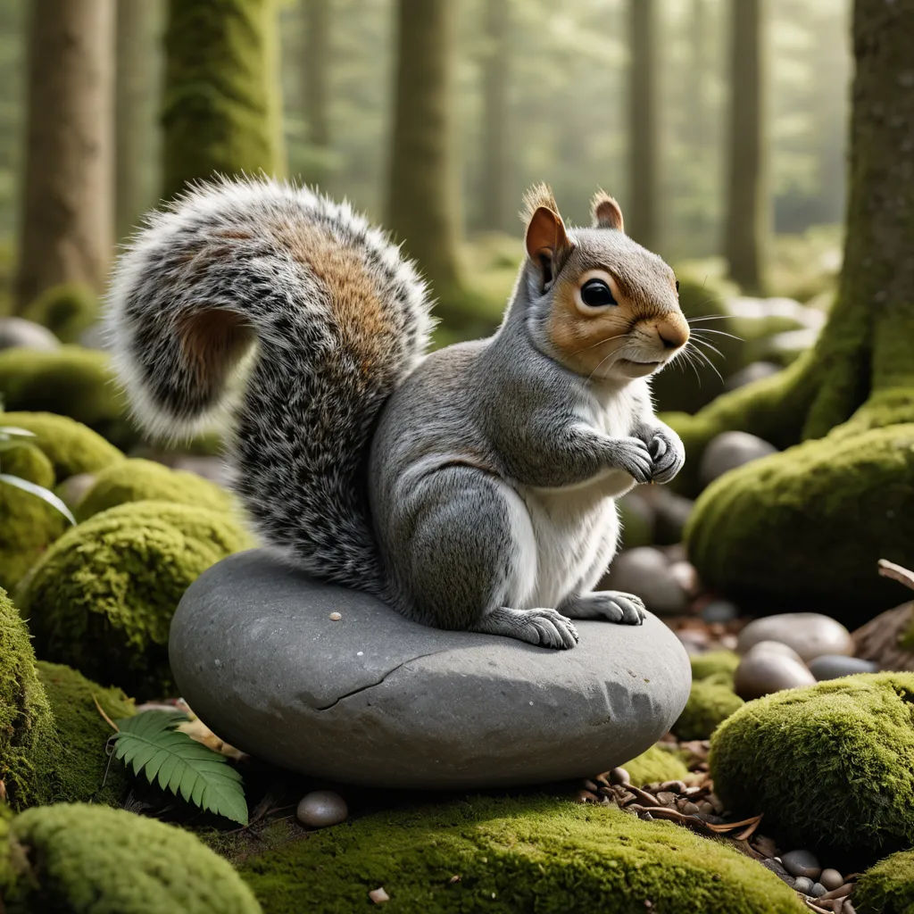 a squirrel sitting on a rock in a forest filled with moss and rocks, with trees in the background, photorealism, a 3D render, Chris LaBrooy, cgstudio