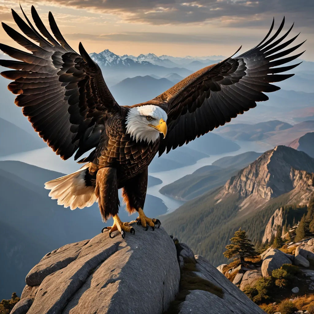 a bald eagle spreads its wings on a rock in the mountains above a valley and lake below it, with mountains in the background, art photography, a photorealistic painting, Alson S. Clark, wildlife photography
