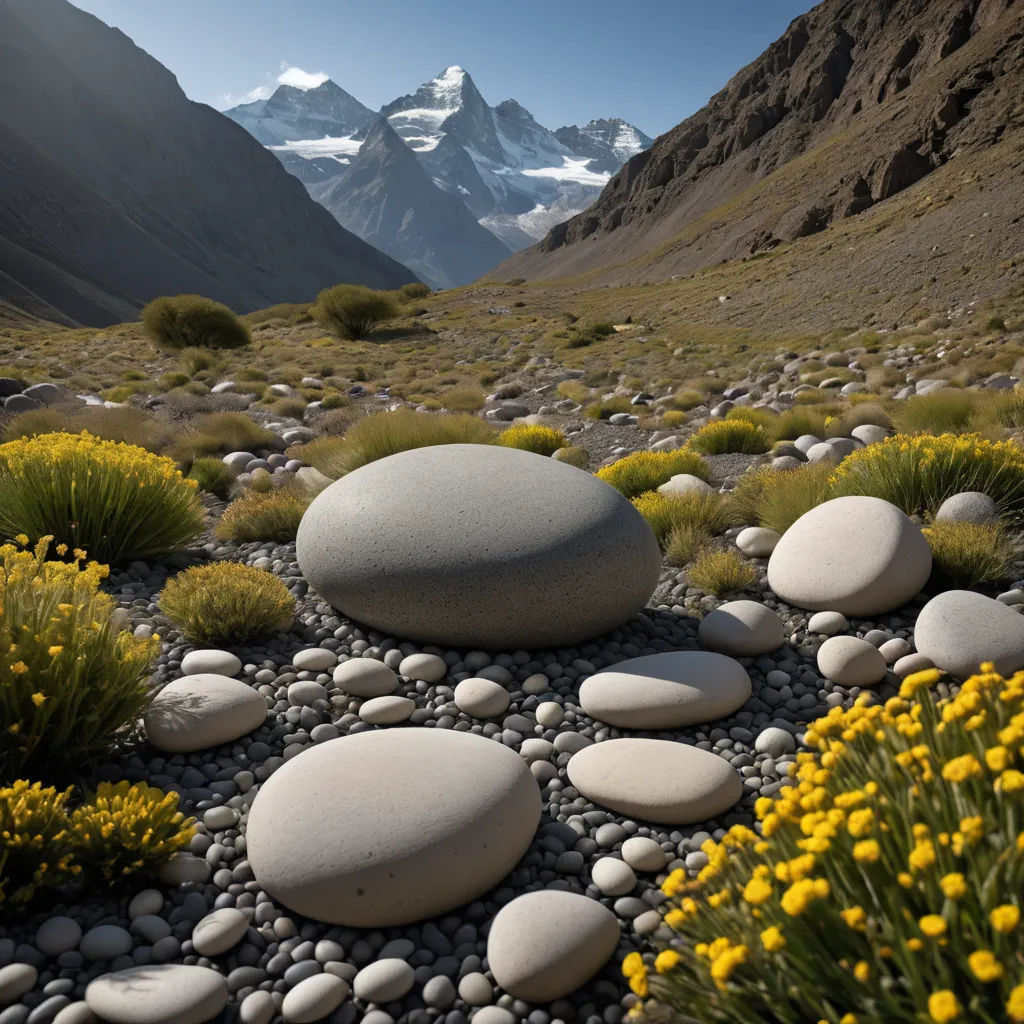 a rocky area with flowers and rocks in the foreground and a mountain range in the background with snow - capped peaks, land art, a detailed matte painting, Amir Zand, unreal 5