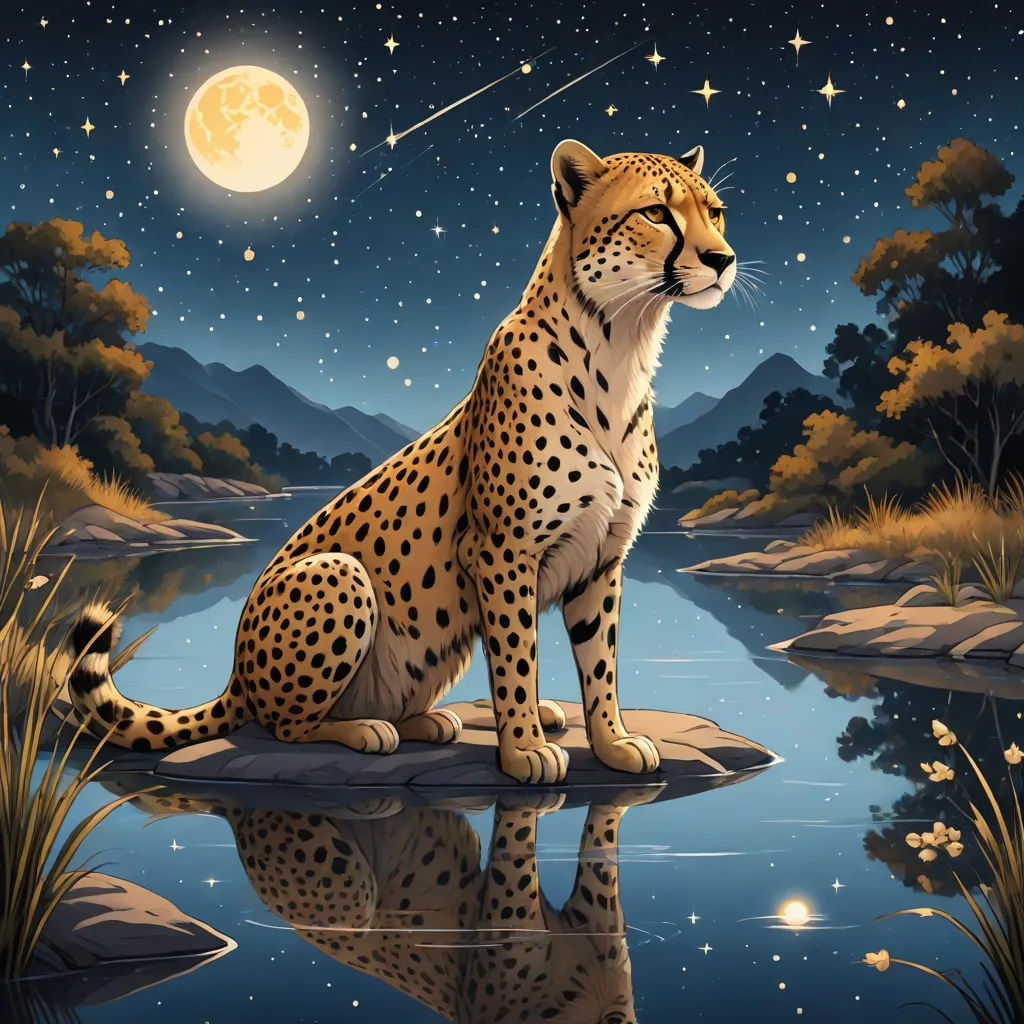 a painting of a cheetah sitting on a rock in the water at night with a full moon in the sky, furry art, an airbrush painting, Chris LaBrooy, highly detailed digital painting