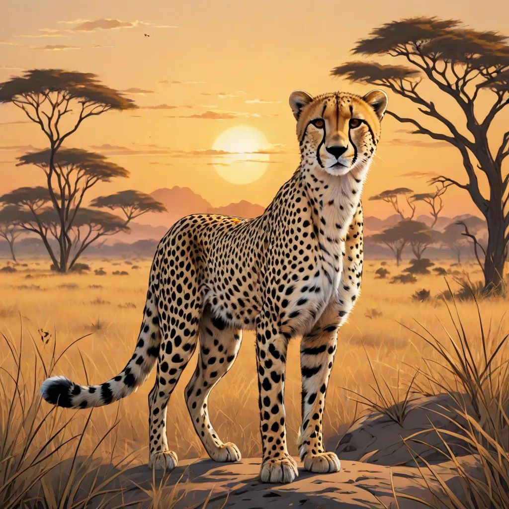 a painting of a cheetah standing in the grass at sunset with trees in the background and a sun setting, furry art, an airbrush painting, Brothers Hildebrandt, photoreal