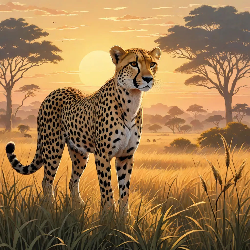 a painting of a cheetah standing in a field of grass with the sun setting behind it and trees, furry art, an airbrush painting, Chris LaBrooy, highly detailed digital painting