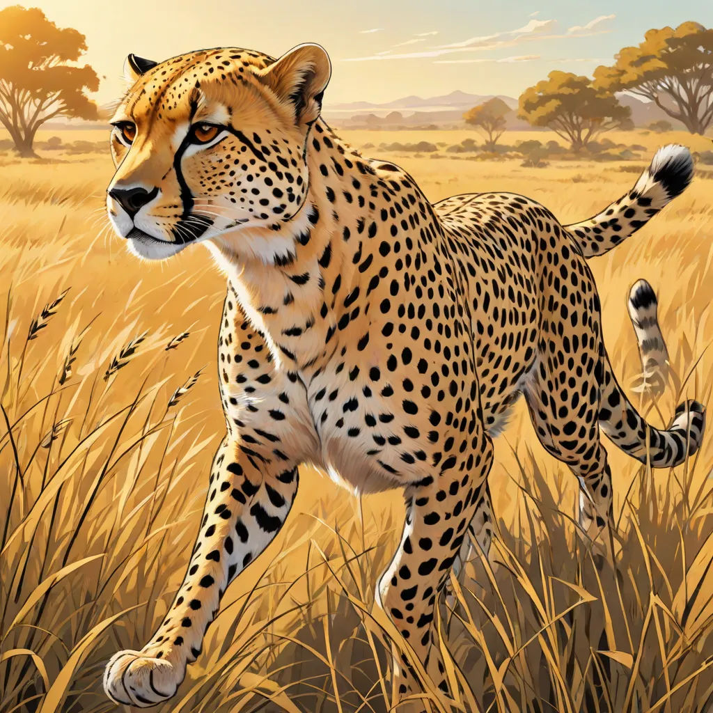 a painting of a cheetah walking through a field of tall grass with trees in the background and a sky with clouds, furry art, an airbrush painting, Chris LaBrooy, official art