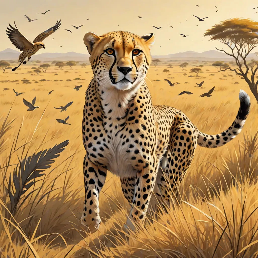 a painting of a cheetah in a field with birds flying around it and a bird in the background, furry art, an airbrush painting, Chris LaBrooy, furaffinity