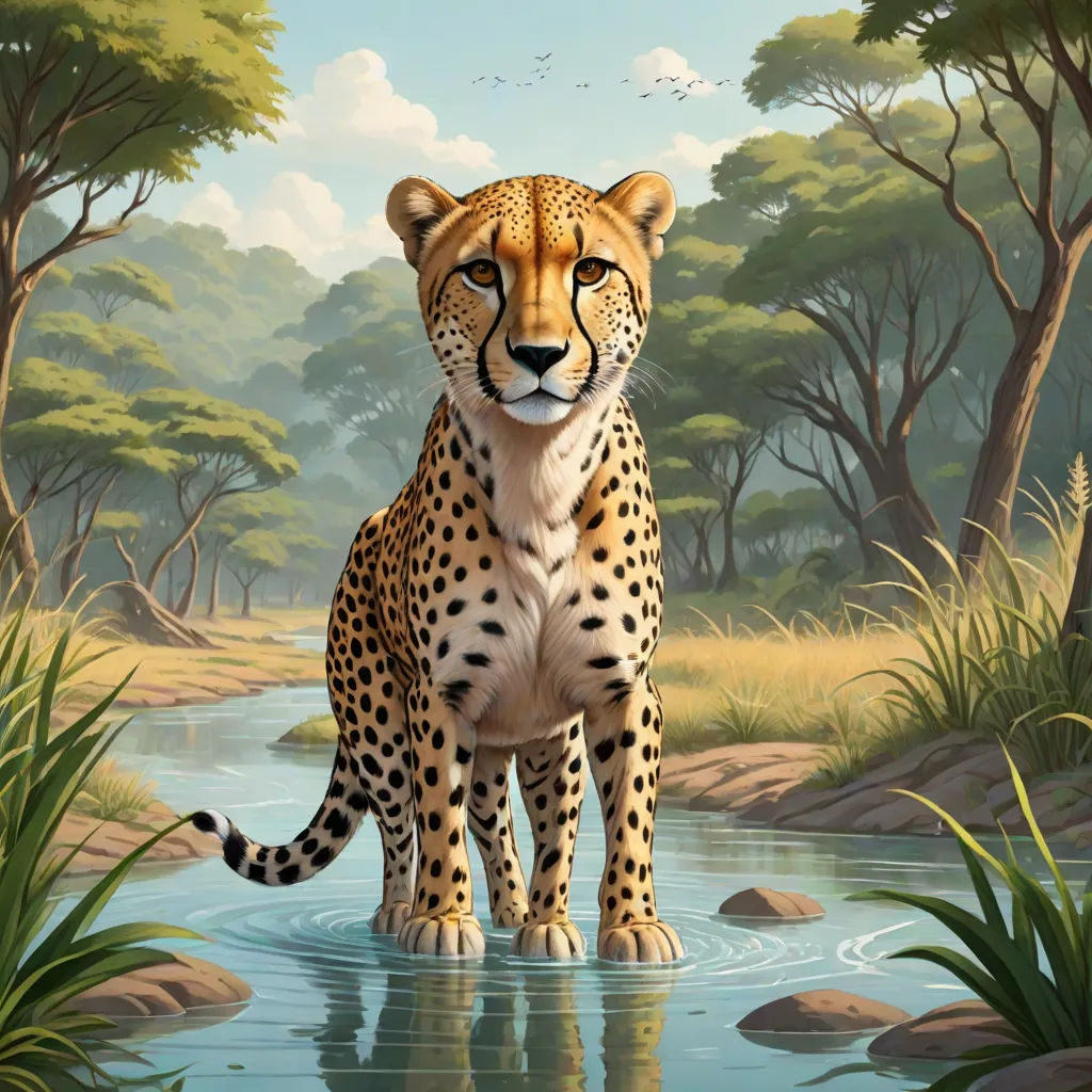 a painting of a cheetah standing in a river with trees in the background and a sky with clouds, fantastic realism, an airbrush painting, Chris LaBrooy, highly detailed digital painting