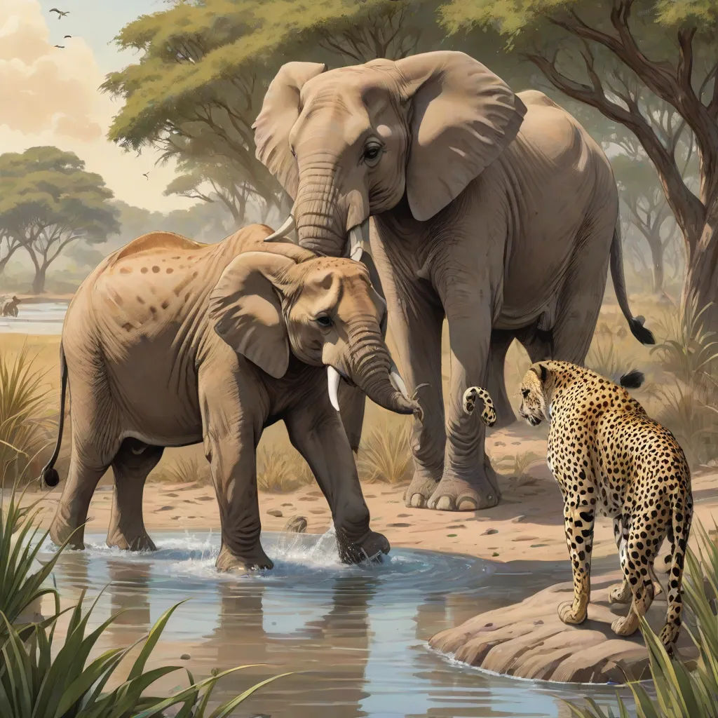a painting of two elephants and a cheetah by a watering hole with a baby cheetah, fantastic realism, an oil painting, Brothers Hildebrandt, highly detailed oil painting