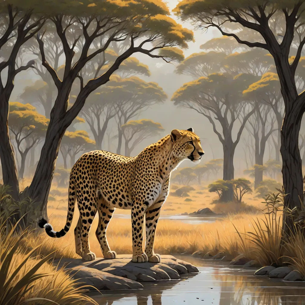 a painting of a leopard standing on a rock in a river with trees in the background and a stream running through the middle, american scene painting, an airbrush painting, Brothers Hildebrandt, highly detailed oil painting