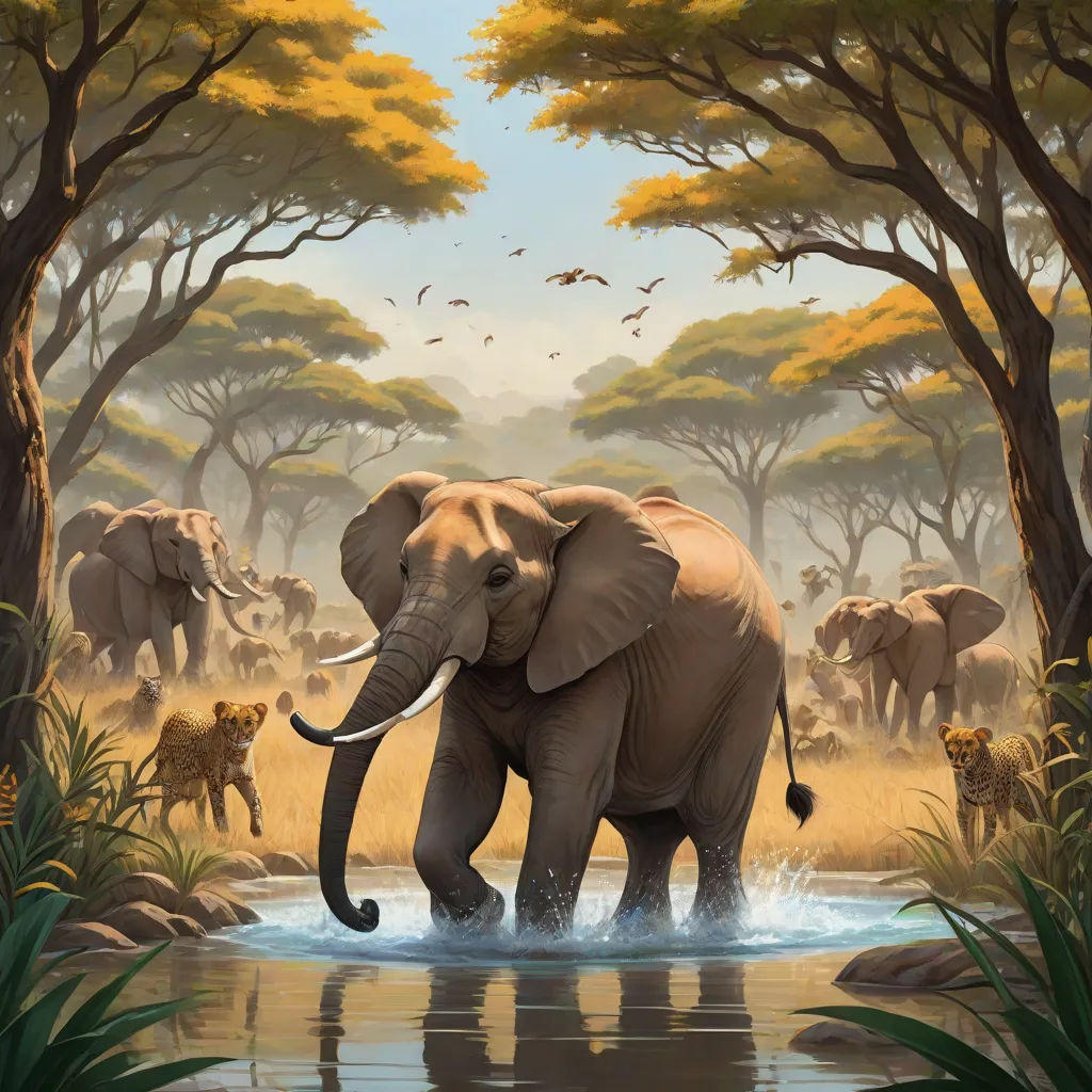 a painting of an elephant in a river with other animals in the background and trees and bushes around it, fantasy art, an airbrush painting, Chris LaBrooy, highly detailed digital painting