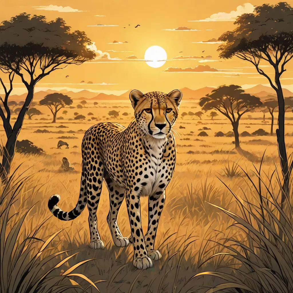 a painting of a cheetah in a field of grass and trees with the sun setting in the background, furry art, an airbrush painting, Chris LaBrooy, sun