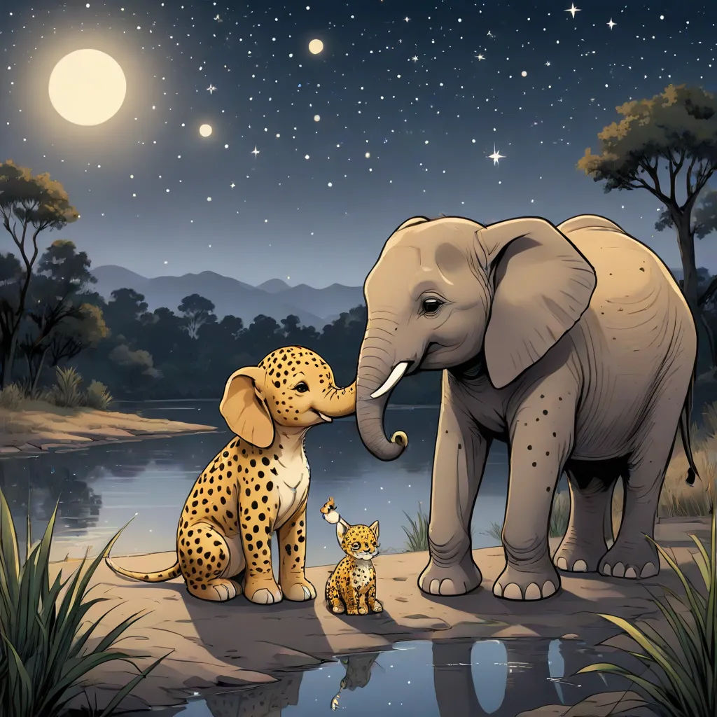 a baby elephant and an adult elephant are standing near a pond at night with the moon in the sky, pop surrealism, a storybook illustration, Chris LaBrooy, storybook illustration