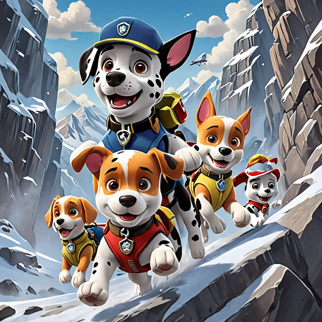 a cartoon of a dog with four puppies in a mountain landscape with a sky background and clouds above, sots art, poster art, Cliff Childs, promotional image