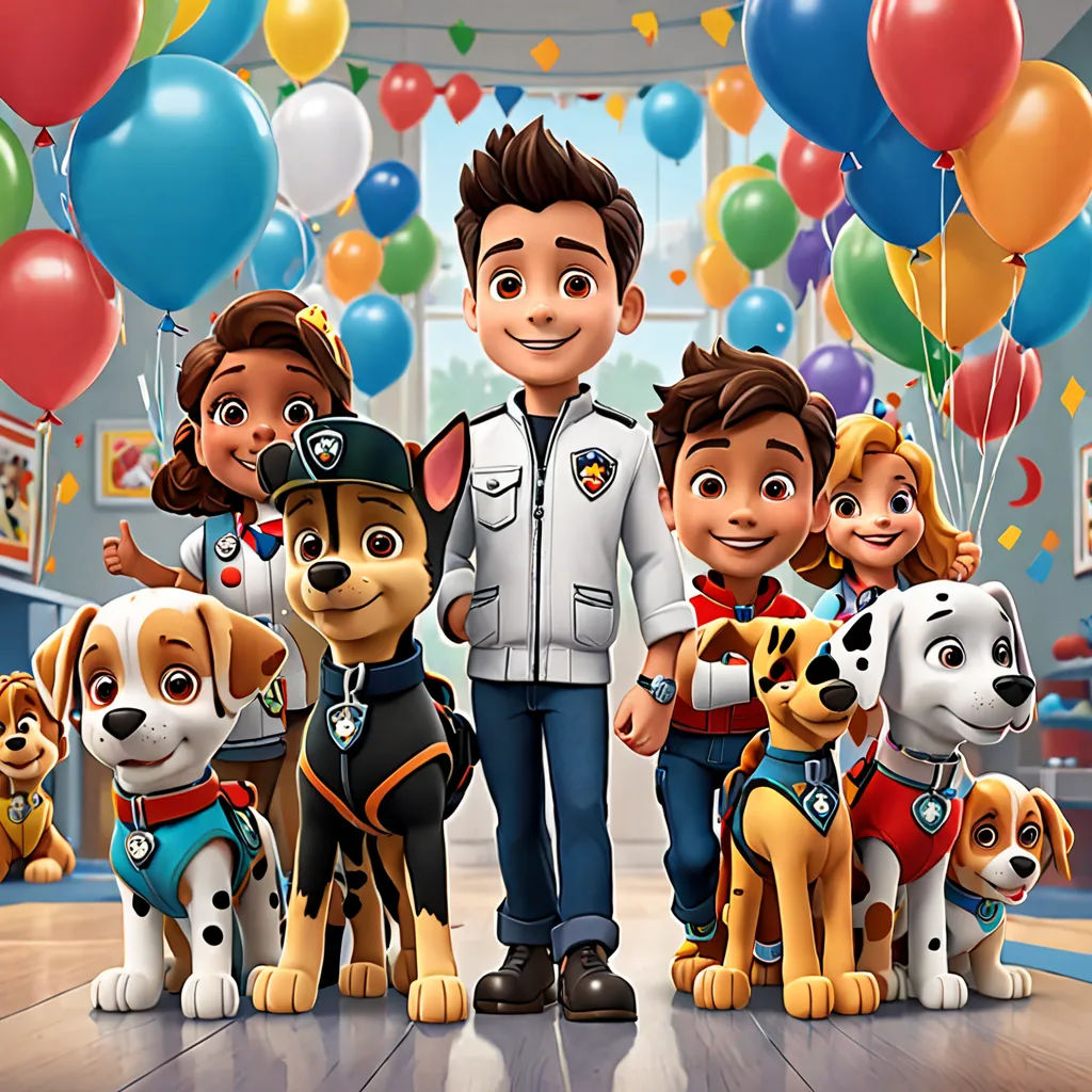 a man standing next to a group of dogs in a room filled with balloons and balloons on the ceiling, sots art, poster art, Charles Fremont Conner, promotional image