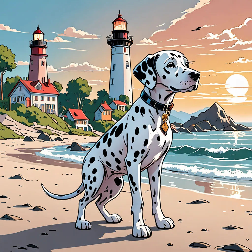 a dalmatian dog standing on a beach next to a lighthouse and a lighthouse house in the background, serial art, a comic book panel, Chip Zdarsky, promotional image
