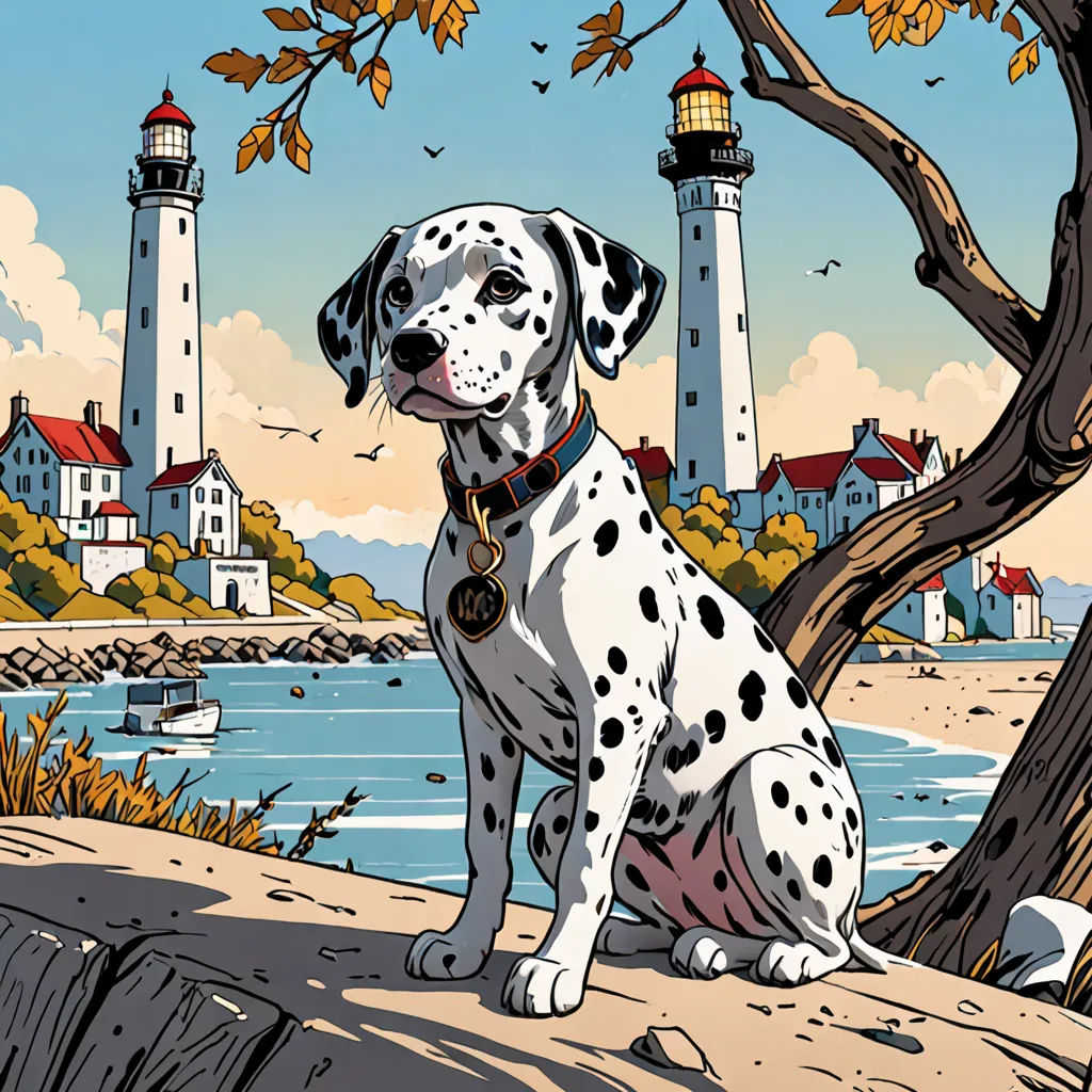 a dalmatian dog sitting on a rock near a lighthouse and a body of water with a lighthouse in the background, kinetic pointillism, a comic book panel, Chris LaBrooy, high detail illustration