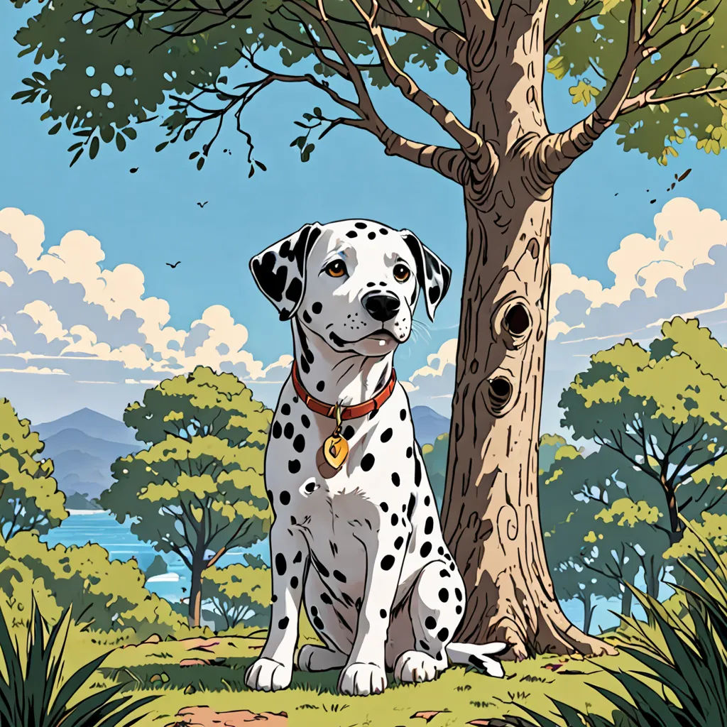 a dalmatian dog sitting next to a tree in a forest with a lake in the background and clouds in the sky, environmental art, a comic book panel, Chris LaBrooy, comic cover art