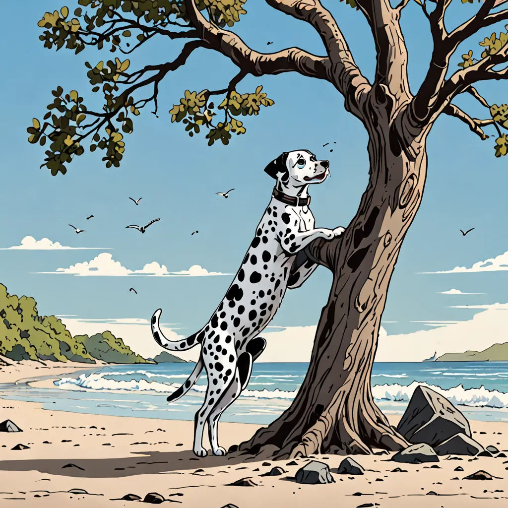 a dog is climbing up a tree on the beach by the water and birds flying around it, and a bird is flying above the tree, serial art, a comic book panel, Colin Middleton, walton ford