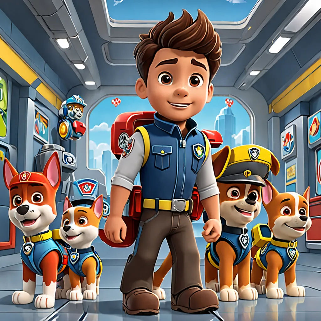 a cartoon character is standing in front of a group of puppies in a hallway with a fireman, sots art, poster art, Charles Fremont Conner, promotional image
