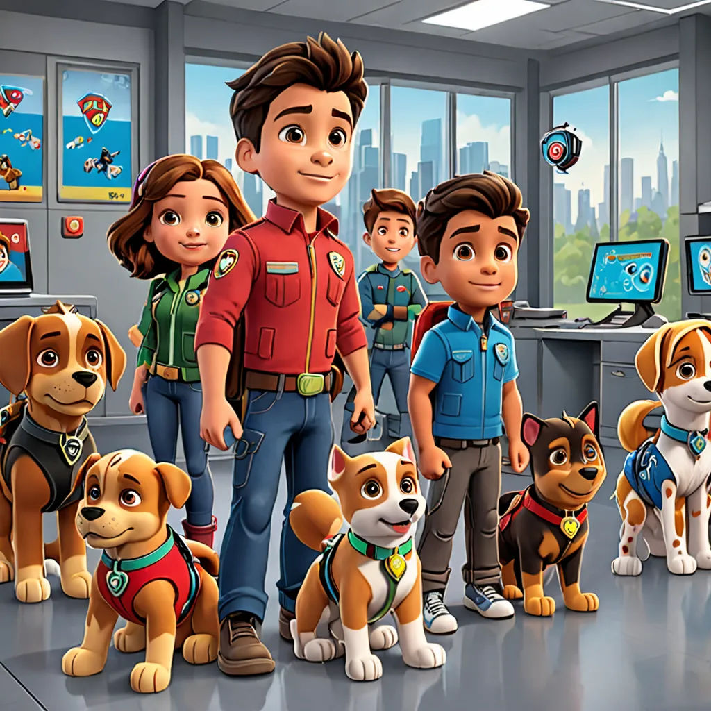 a group of people standing next to each other in a room with dogs and a man in a red shirt, sots art, concept art, Charles Fremont Conner, promotional image