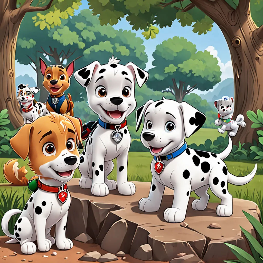 a group of dogs standing on a dirt road next to a forest filled with trees and bushes with a dog on the ground, furry art, a digital rendering, disney, promotional image